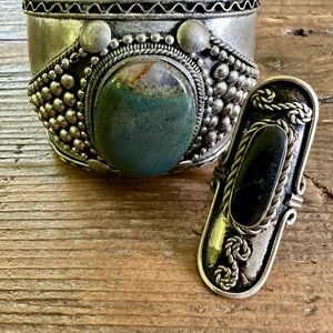 Silver Cuff and Ring Set with Green and Black Stones